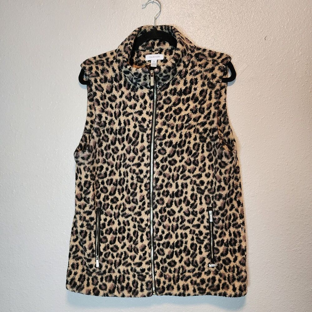 Calvin Klein Womens Leopard Print Sherpa Fleece Vest Full Zip Large L